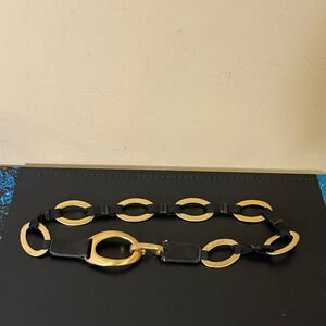Suzi Roher Gold Oval Chain Link Elastic Belt Black Leather Trim Small
